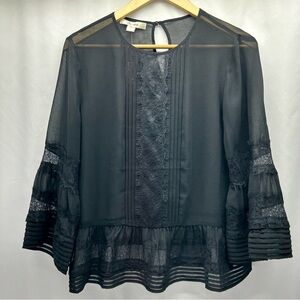 Ella Moon Black Sheer Blouse Lace Bell Sleeves Key Hole Button Closure W Med.
